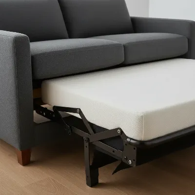 A detailed shot of the West Elm Harmony Sleeper Sofa's pull-out mechanism, showing the mattress smoothly extending from the sofa frame, highlighting the hidden mattress design.