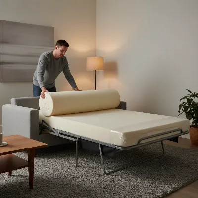 A person gently placing a new, uncompressed foam sleeper sofa mattress onto an extended metal frame in a bright living room.