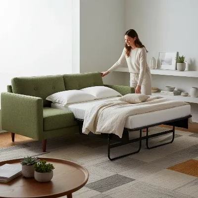 A person effortlessly converting a stylish Joybird sleeper sofa into a bed, showcasing the smooth mechanism