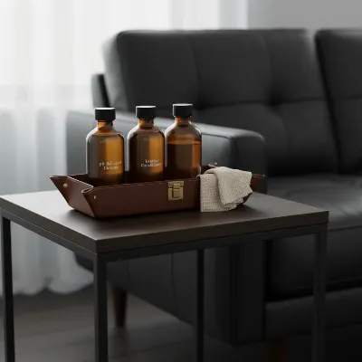 A leather cleaning and conditioning kit on a side table next to a modern leather sofa