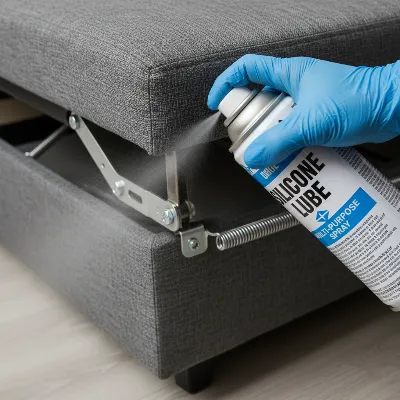 Hand applying silicone lubricant to a metal hinge of a sofa bed mechanism.
