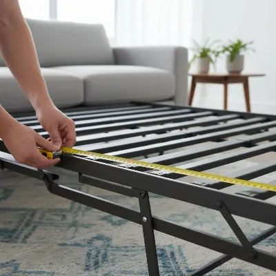 A person accurately measuring the width of a fully unfolded sleeper sofa frame with a tape measure, highlighting the importance of precise measurements for replacement.