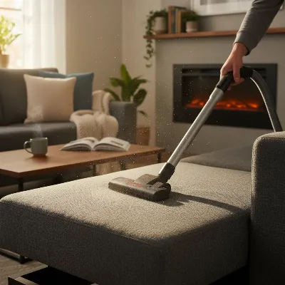A person gently vacuuming a memory foam sleeper sofa with an upholstery attachment, emphasizing regular cleaning for longevity and hygiene.