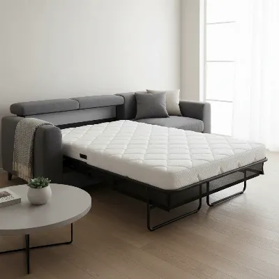 A modern memory foam sleeper sofa easily converting from couch to bed in a minimalist living room, showcasing seamless transition and comfort.