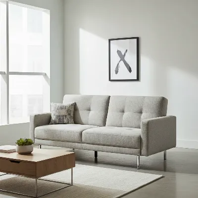 Modern futon sofa bed in a small, contemporary living room with minimalist decor