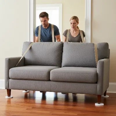 Two people using lifting straps to move a heavy sleeper sofa through a doorway, protecting the hardwood floor with sliders