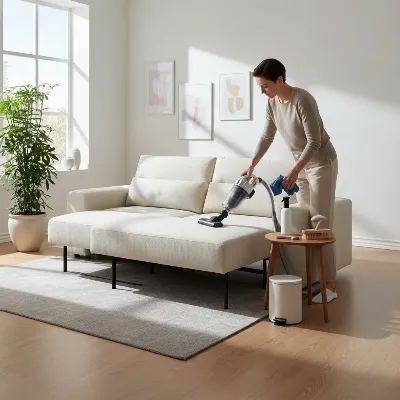 Person cleaning a compact sleeper sofa in a bright, minimalist living room with cleaning supplies and a vacuum cleaner.