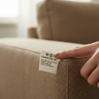 Close-up of a fabric sleeper sofa's cleaning tag, showing a 'W' or 'WS' code clearly visible, with a hand gently pointing at it