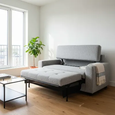 A modern sleeper sofa effortlessly transforming into a bed in a compact, stylish apartment living room.