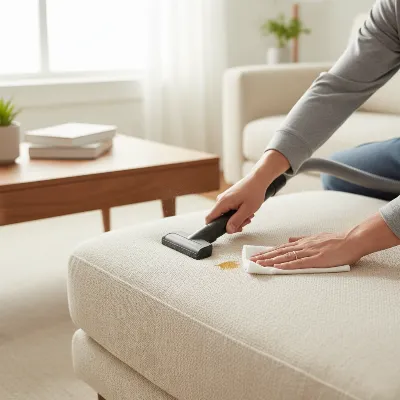 A person cleaning a queen size sleeper sofa in an apartment, demonstrating vacuuming and spot cleaning