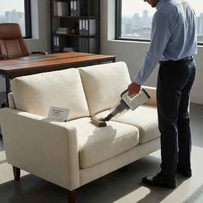 A person cleaning a twin sleeper sofa in a home office with a vacuum cleaner, highlighting maintenance tips.