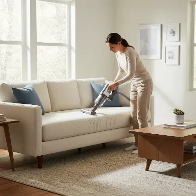 Person regularly vacuuming a fabric sleeper sofa in a clean, modern living room, emphasizing prevention