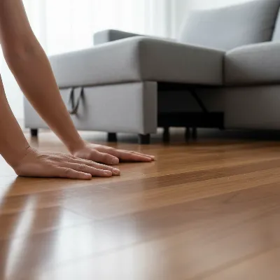 A close-up of a person inspecting the hardwood floor for damage after moving a heavy sleeper sofa, highlighting the importance of post-move checks.