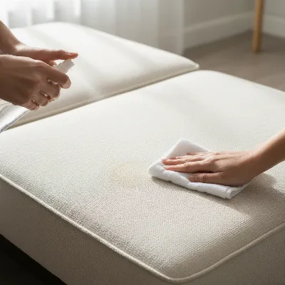 Person gently spot cleaning a fabric sleeper sofa with a spray bottle and microfiber cloth, avoiding stains