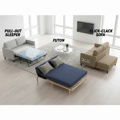 Various queen size sleeper sofa types including pull-out, futon, and click-clack in a modern apartment setting