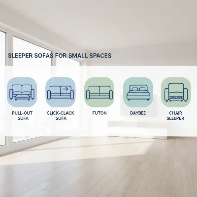Illustration of various space-saving sleeper sofa types including pull-out, click-clack, and daybed with compact dimensions.