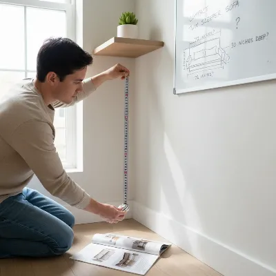 A person measuring a tiny home office space, focusing on dimensions for a twin sleeper sofa.