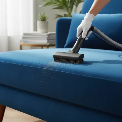 A person gently vacuuming a blue velvet sleeper sofa with a soft brush attachment, demonstrating care and maintenance. Realistic, close-up shot.