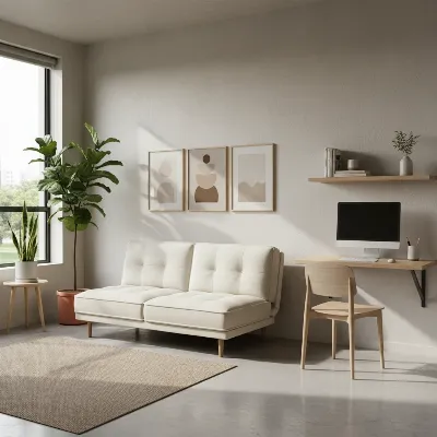 A minimalist studio apartment featuring a versatile futon in its sofa configuration, ready to be converted into a bed for guests.